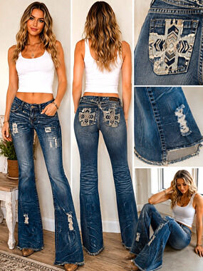 YMI Women’s Size 5 Distressed Flare Jeans Embroidered Pockets Y2K Boho Stretch
